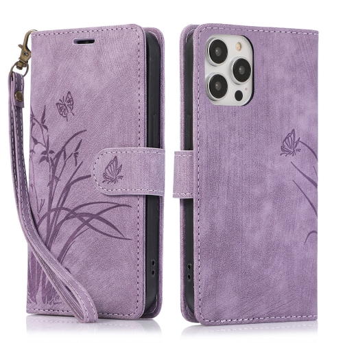 Кожаный чехол для телефона с тиснением бабочки и орхидеи для iPhone 15 Pro Max (фиолетовый)