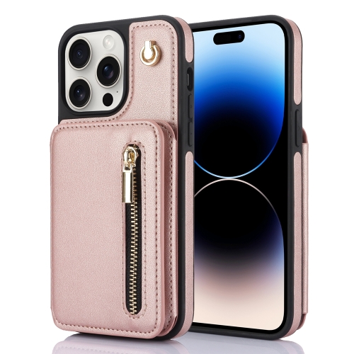 Для iPhone 14 Pro YM006 Чехол для телефона с застежкой-молнией и двойным ремешком (розовое золото)