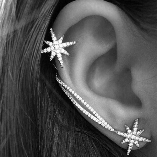 1 пара женских простых модных асимметричных зажимов для ушей со снежинками в виде звезды (серебро)
