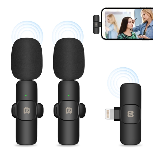 PULUZ Беспроводные петличные реверберационные микрофоны с шумоподавлением для iPhone / iPad, 8-контактный приемник и двойные микрофоны (черный)