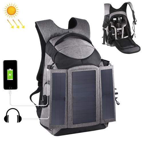PULUZ 3-Fold 14W Solar Power Outdoor Portable Dual Shoulders Backpack Сумка для камеры с USB-портом и отверстием для наушников (серый)