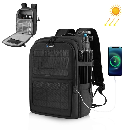 PULUZ Solar Power Outdoor Portable Camera Рюкзак с двумя плечами Сумка для ноутбука (черный)