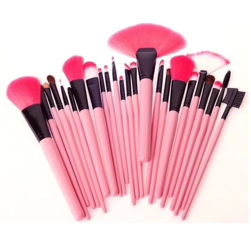 Набор кистей для макияжа с розовой ручкой из козьего волоса с розовым мешочком, 24 шт.