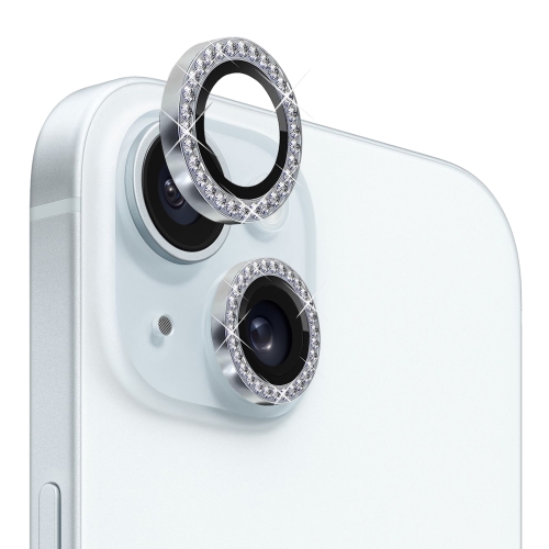 Для iPhone 15/15 Plus NORTHJO Защитная пленка для объектива камеры из закаленного стекла с металлическим кольцом со стразами (серебро)