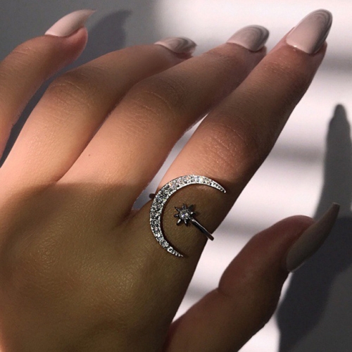 Женское кольцо со звездой и луной, серебряное кольцо с кристаллами из серебра 925 пробы (серебро)