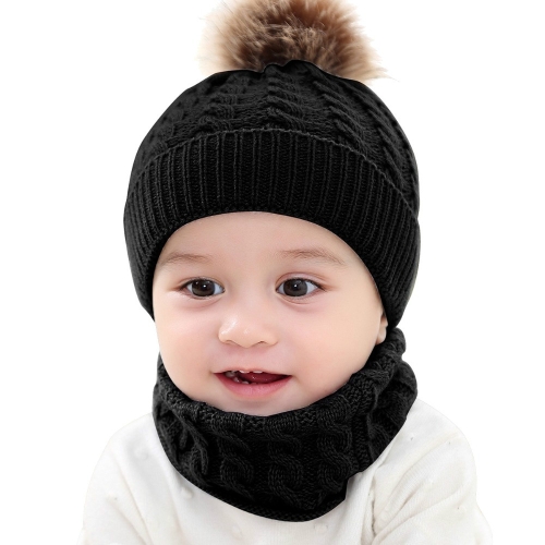 Вязаная теплая круглая кепка для машинки защищает ушной капот Детские зимние шапки Кепки + костюмы с шарфом (черный)