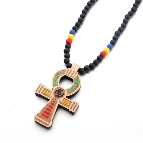 Деревянные бусины с подвеской в виде креста, ожерелье в стиле хип-хоп, цвет: Цвет