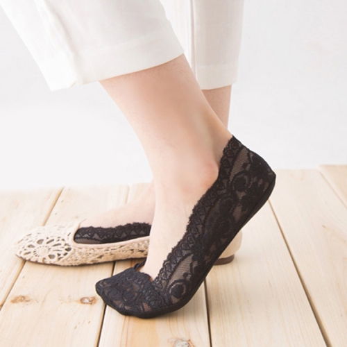 Летние кружевные носки-лодочки из силикагеля для девочек Невидимая хлопковая подошва Нескользящие тапочки Противоскользящие носки (черные)