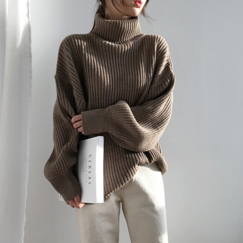 Сплошной цвет водолазка Верхняя одежда Пуловер Повседневный свитер (Цвет: Кофейный Размер: Свободный размер)